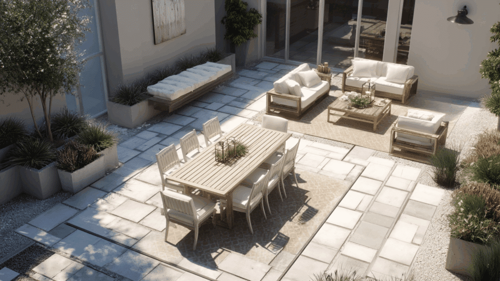 Large patio divided into dining and seating zones with clear pathways.