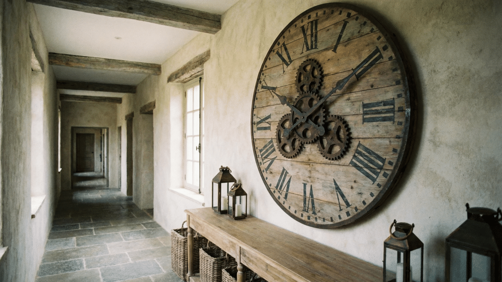 Large wall clock used as hallway decor