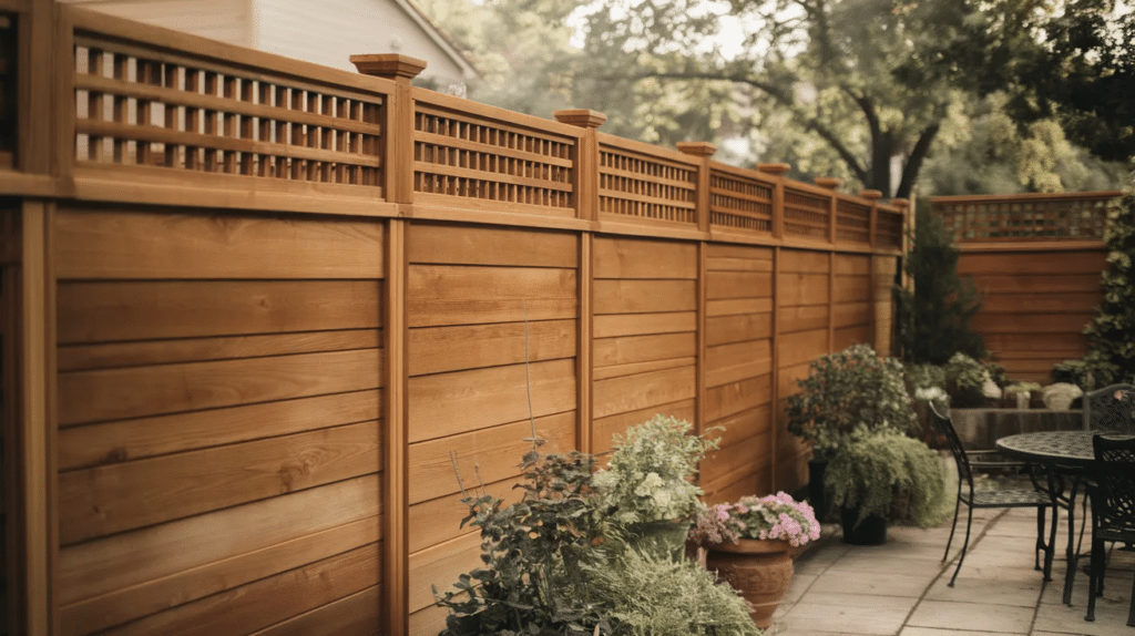 Lattice-top wooden privacy fence with decorative upper section
