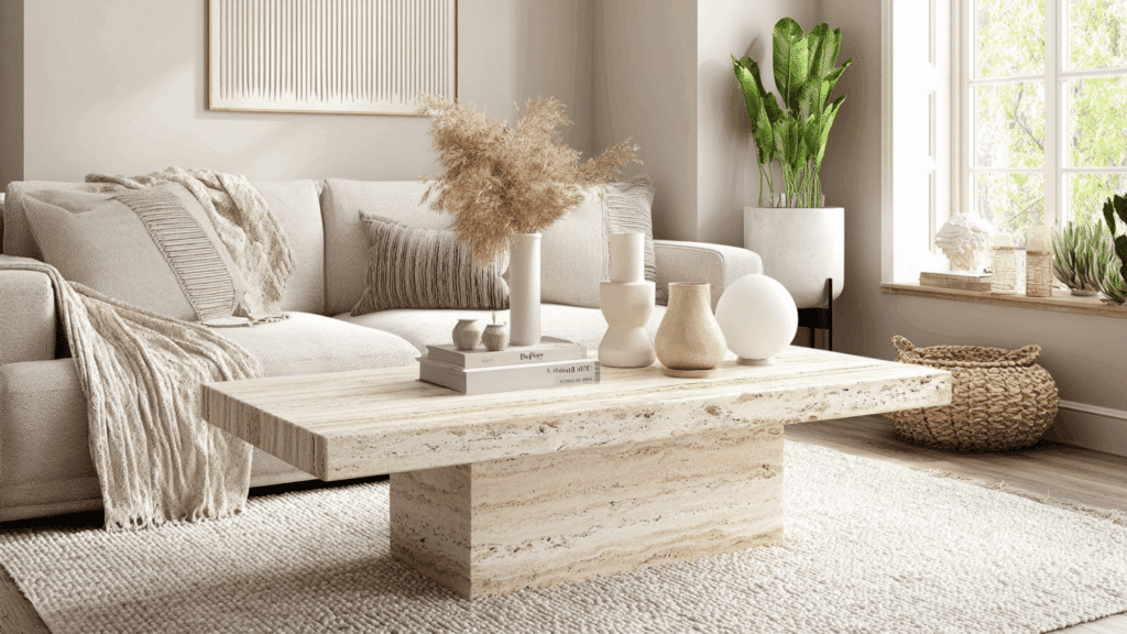 Layered neutral rugs adding texture in a cozy organic modern living room