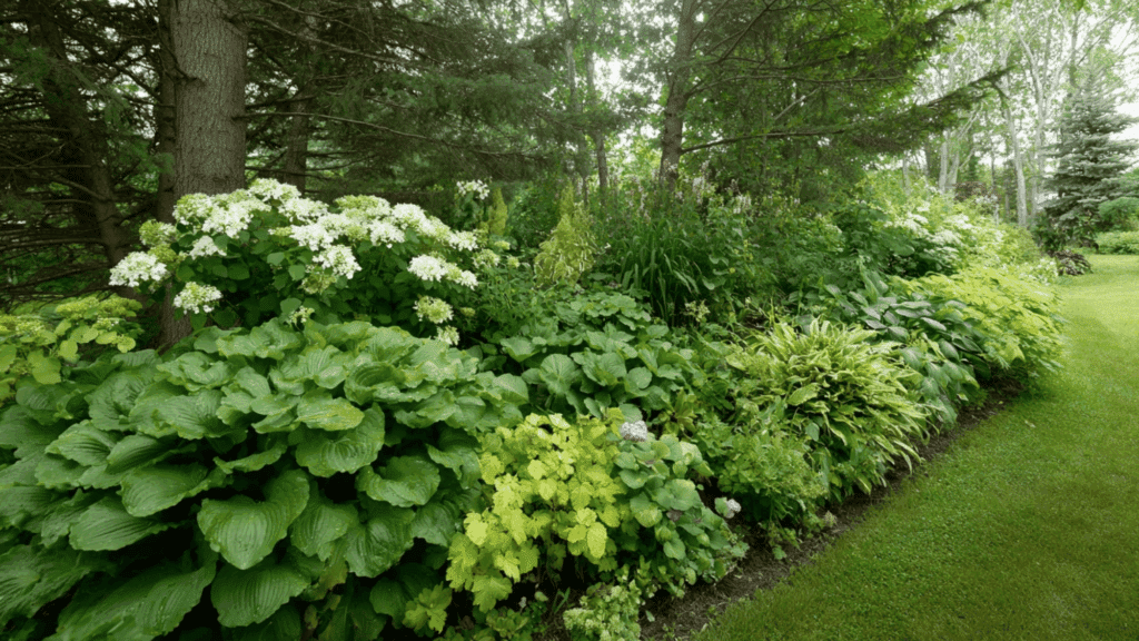 Leafy perennial plants framing garden beds naturally