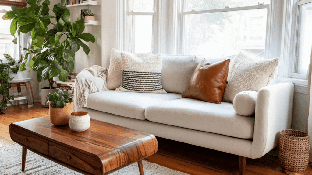 Leather and textured pillows on neutral modern sofa