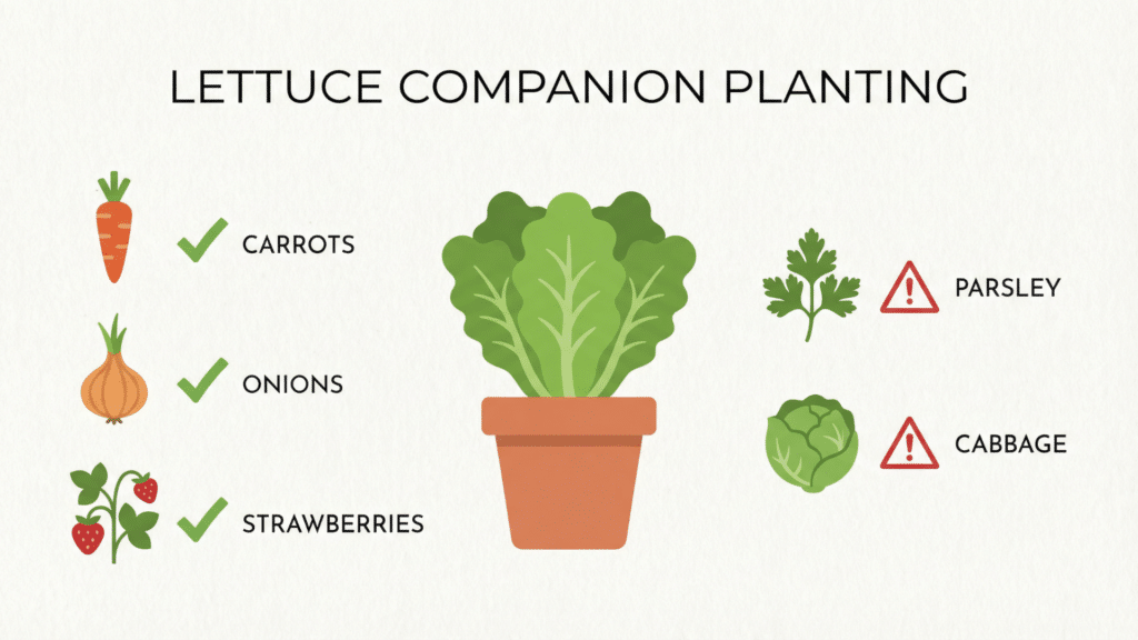 Lettuce companion planting chart showing good companions like carrots and strawberries and plants to avoid such as parsley and cabbage