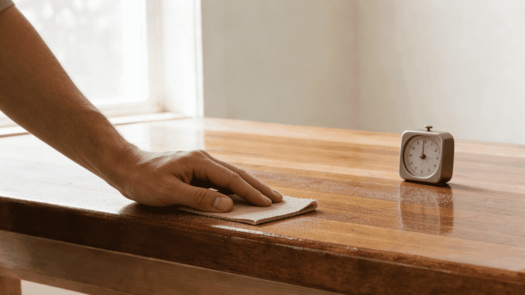Light sanding between coats while butcher block countertop finish dries.