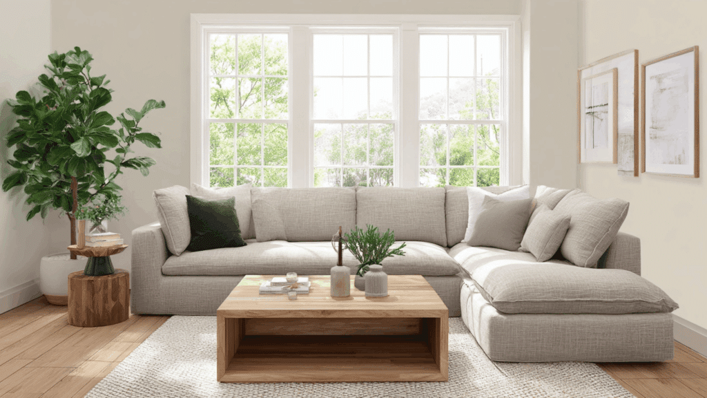 Linen sectional sofa in a clean organic modern living room with neutral decor