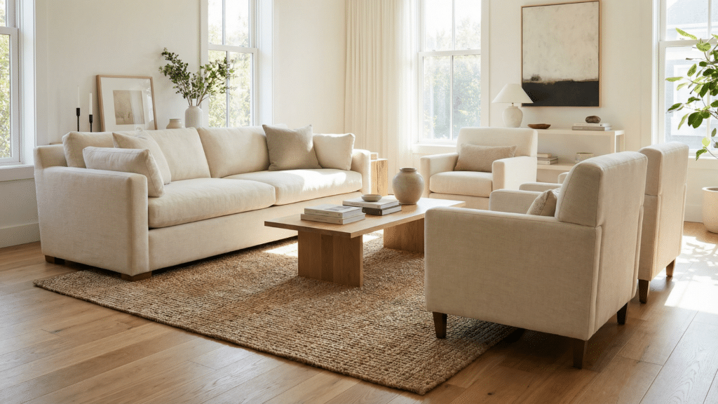 Standard Rug Sizes in Feet: Easy Guide Living room showing proper placement of an 8 x 10 rug under furniture