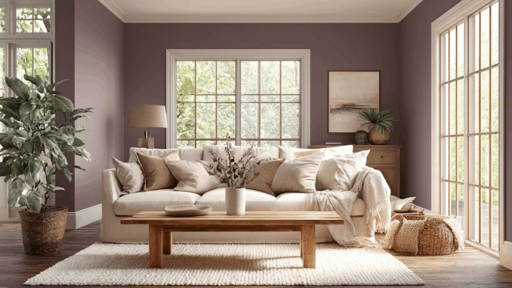 Living room with Cinnamon Slate walls, beige sofa, and warm natural light.