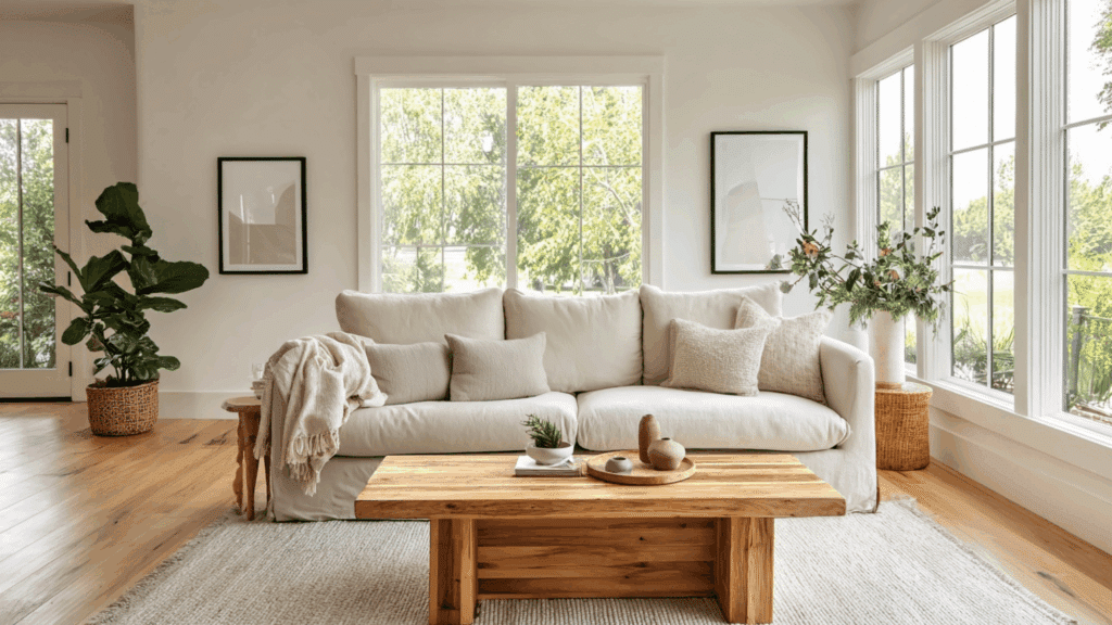 Living room with Oyster White walls, beige sofa, and light wood floors