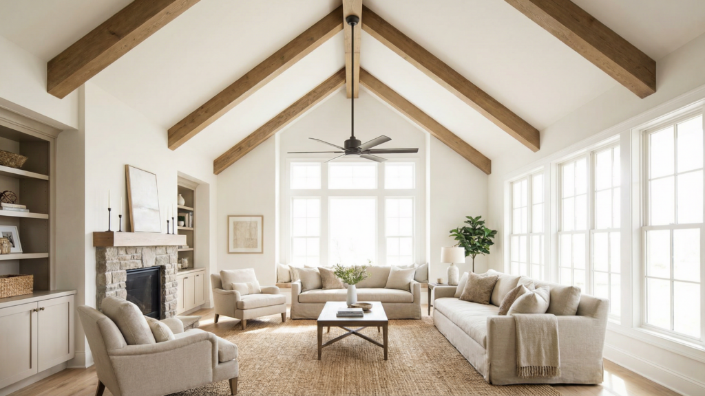 Living room with a cathedral ceiling and a long downrod ceiling fan centered along the ridge for improved air circulation
