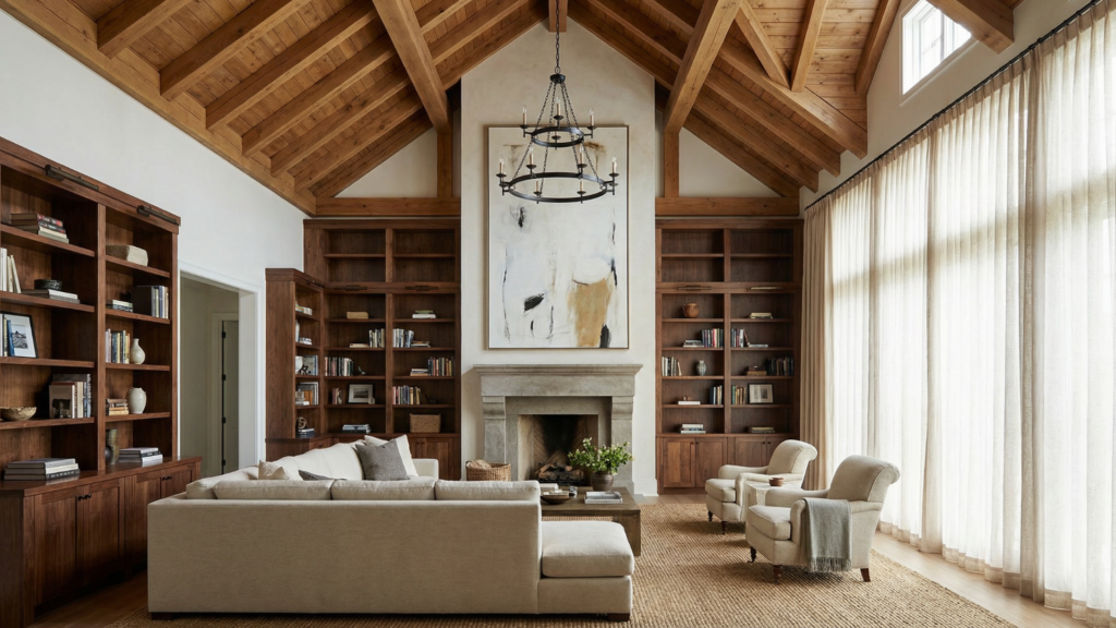 Living room with a cathedral ceiling styled with tall bookcases, large vertical artwork, and full height curtains