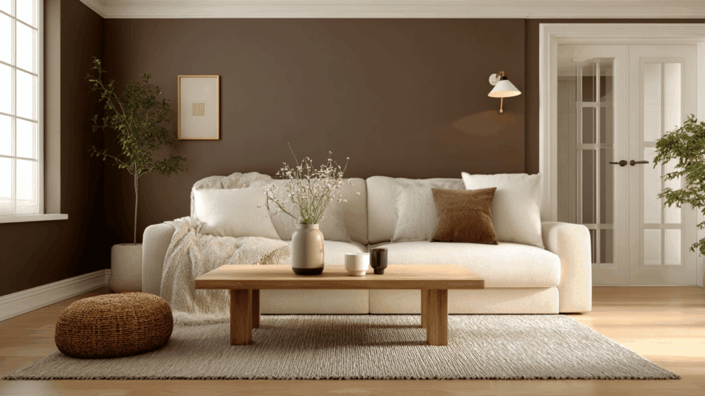 Living room with mocha brown walls and linen white trim.