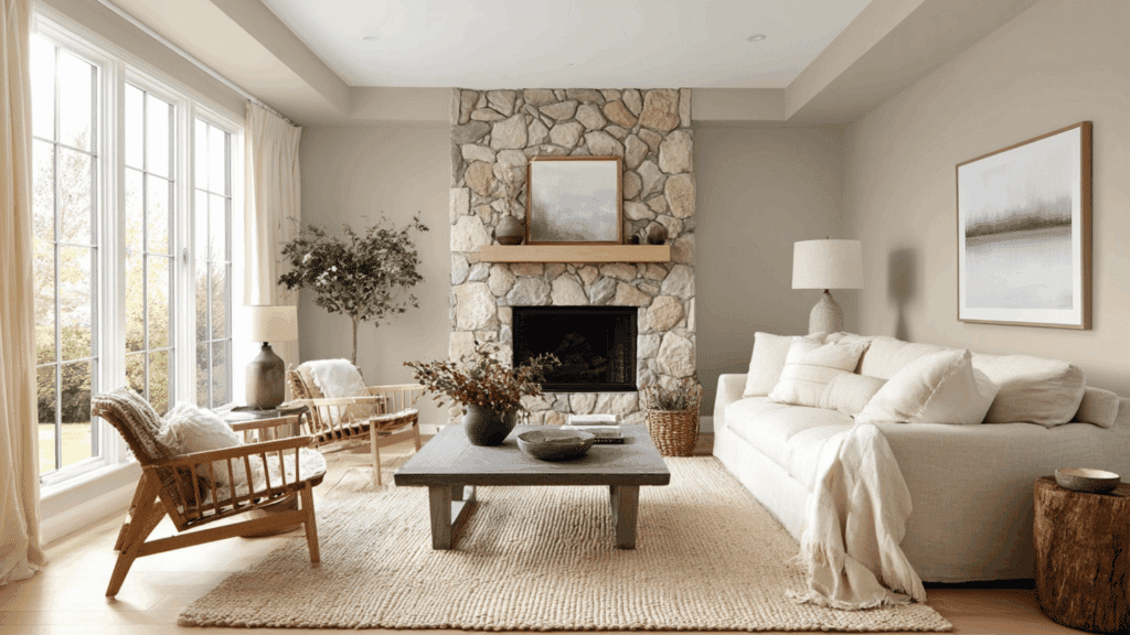 Living room with mushroom gray walls and creamy ivory trim.
