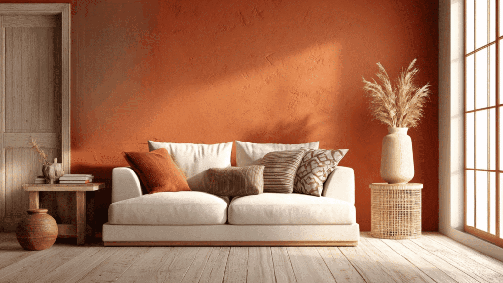 Living room with rusty orange walls and cream trim.
