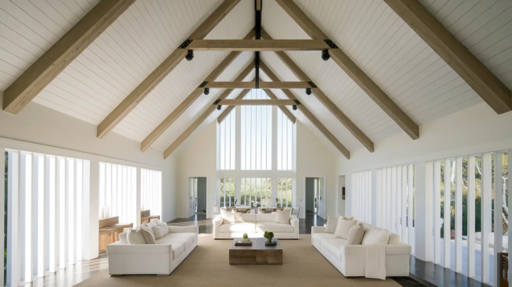 Living room with symmetrical cathedral ceiling and exposed wood beams