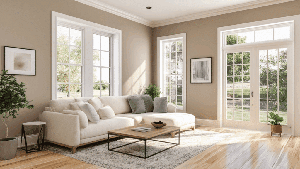 Living room with warm taupe walls and pure white trim in bright natural light.