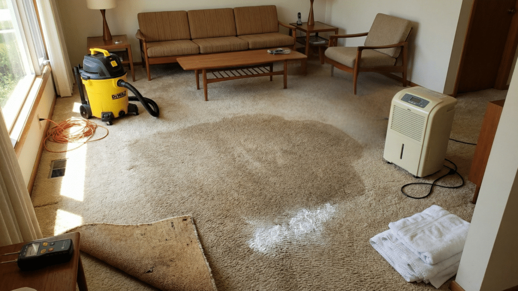 Living room with wet carpet and drying tools including fans, dehumidifier, baking soda, and vacuum in use