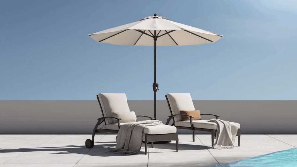 Lounge chairs placed toward sunlight with umbrella shade.
