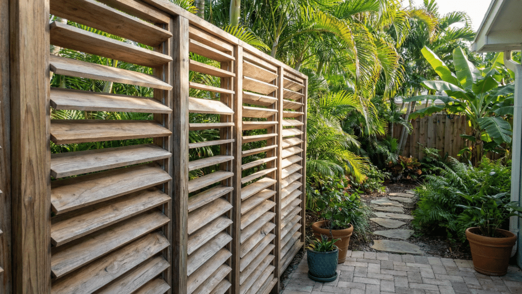 Louvered fence with horizontal angled slats for airflow and privacy