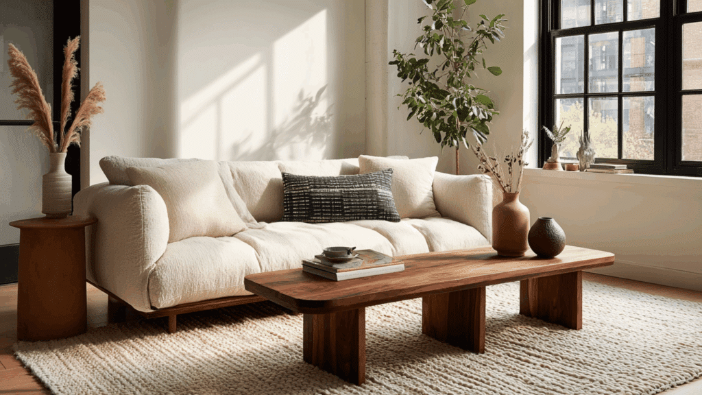 Low profile deep sofa in a cozy organic modern living room with neutral styling