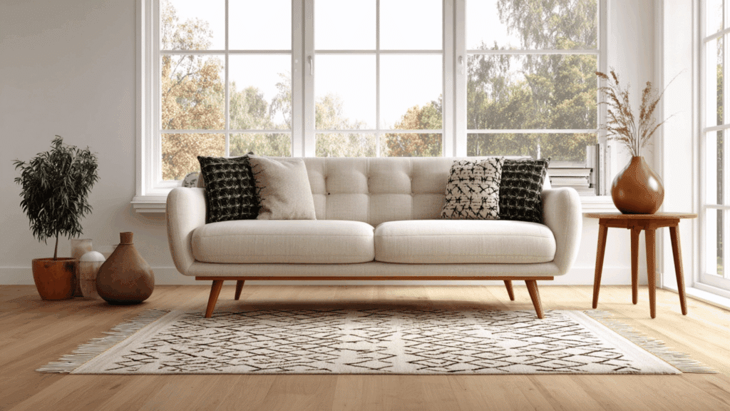 Low profile sofa with tapered wooden legs in bright mid century living room