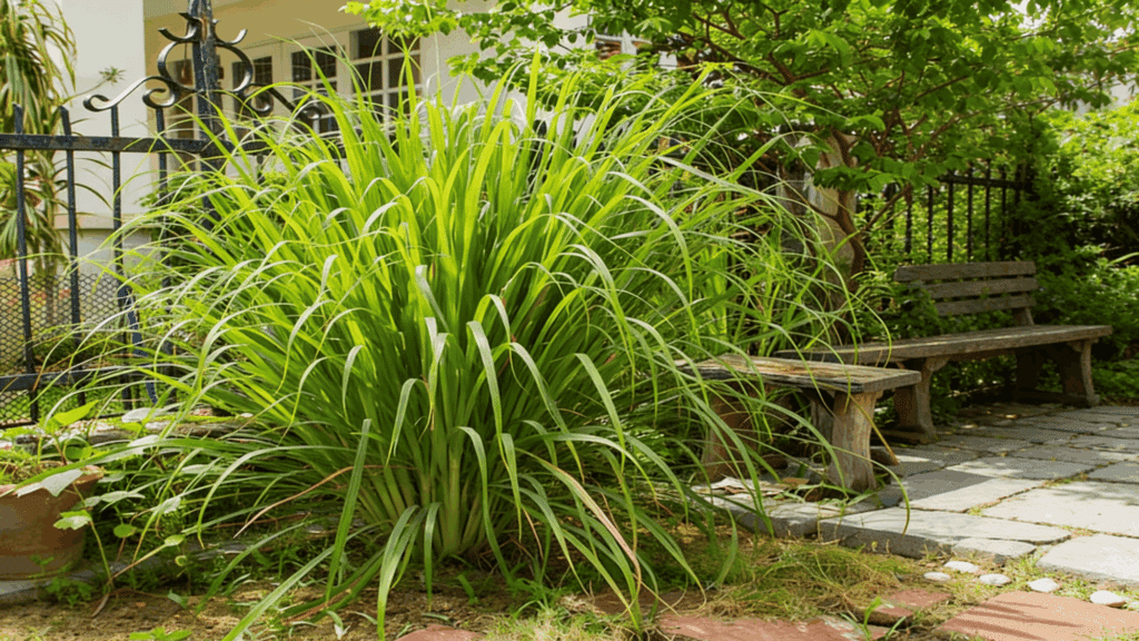 Lush, bright green citronella grass bush growing in a garden setting next to a black wrought-iron fence and white house facade.