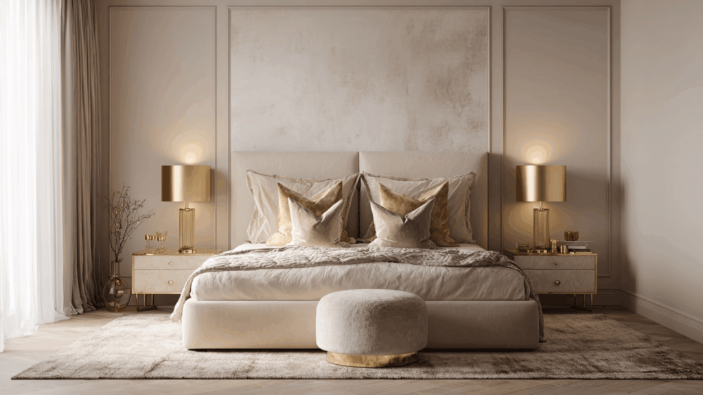 Luxury neutral bedroom with velvet textures and soft beige tones