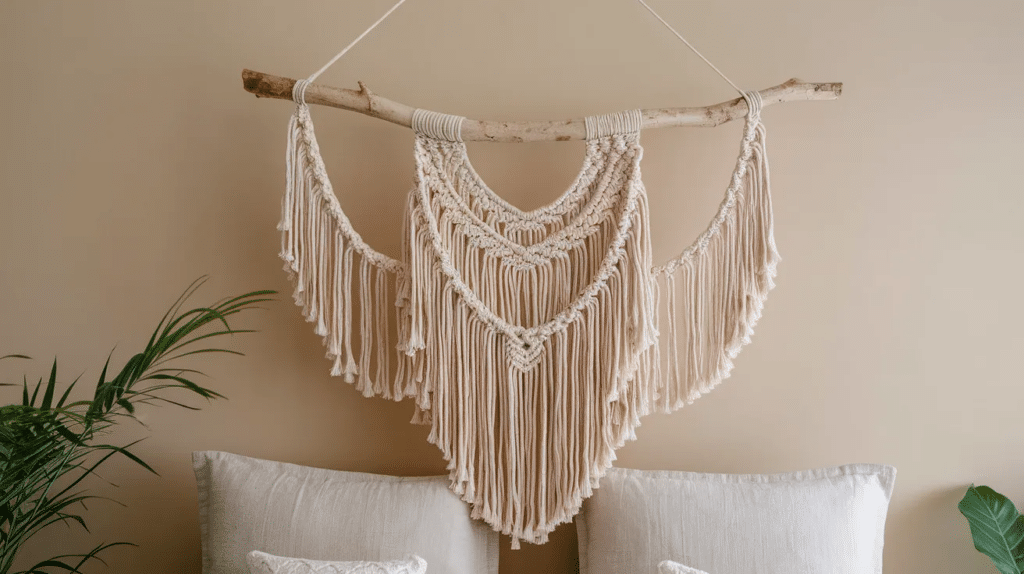 Macrame wall hanging with fringe detail hanging above a bed in a cozy bohemian room