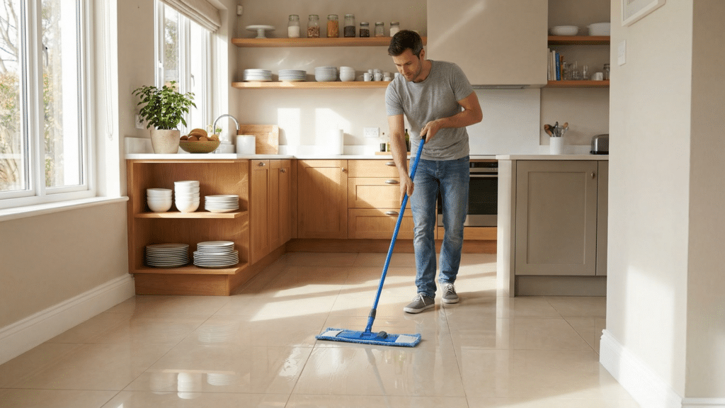 How to Clean Tile Floors the Right Way? Man mopping a ceramic tile floor in a bright modern kitchen