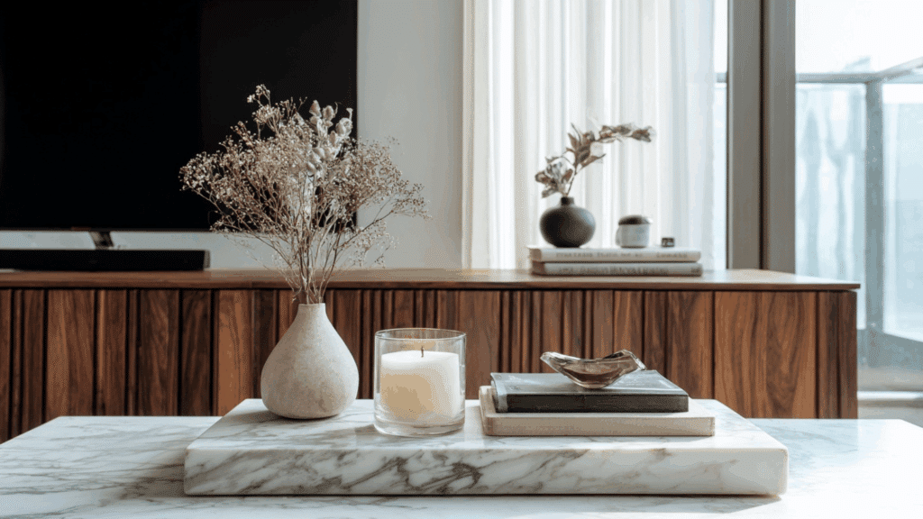 Marble tray with candle decor arranged neatly on a modern TV stand.