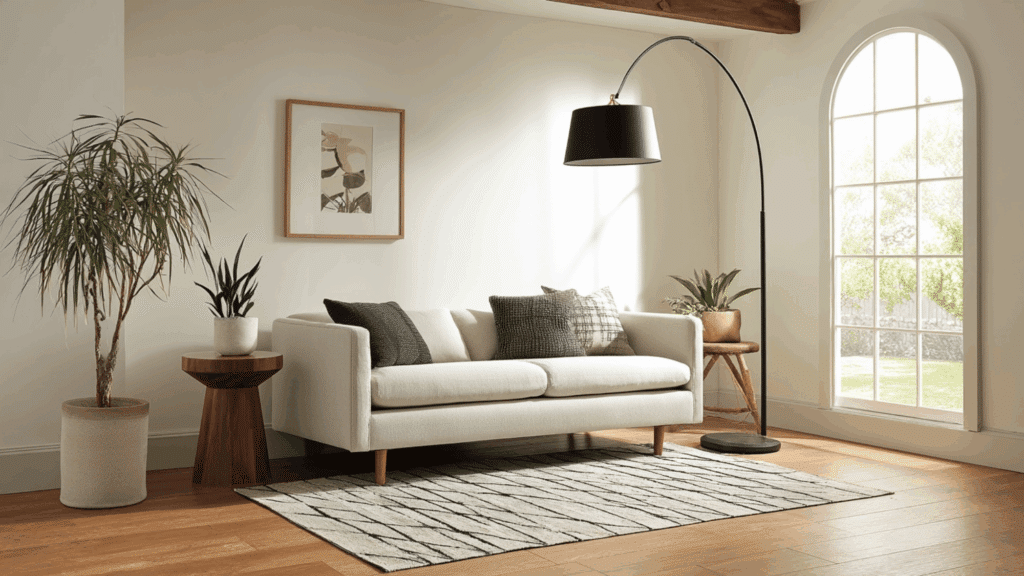 Matte black arched floor lamp over low modern sofa