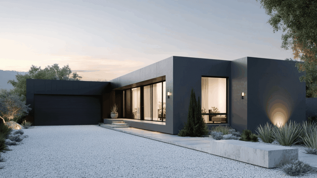 Matte black minimalist modern house exterior with clean lines and simple landscaping