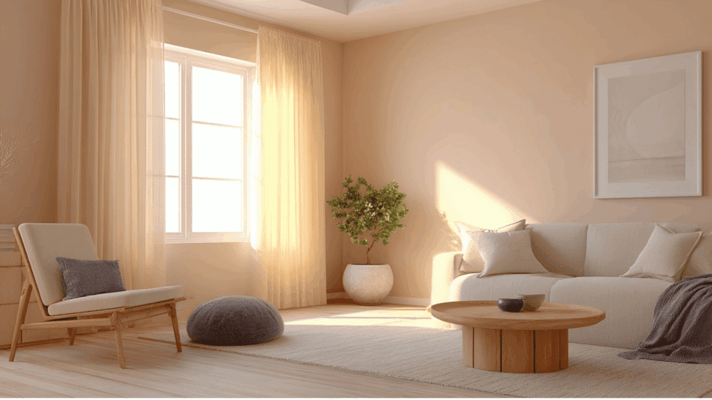 Matte or eggshell paint sheen on bedroom and living room walls in soft lighting.