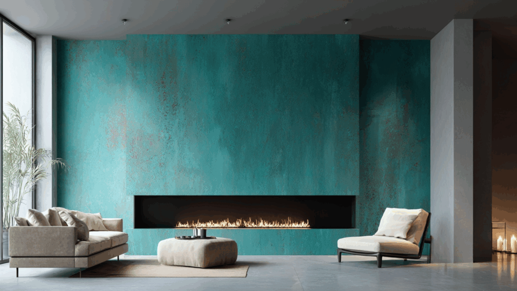 Matte teal ceramic slab fireplace wall in a clean modern living room