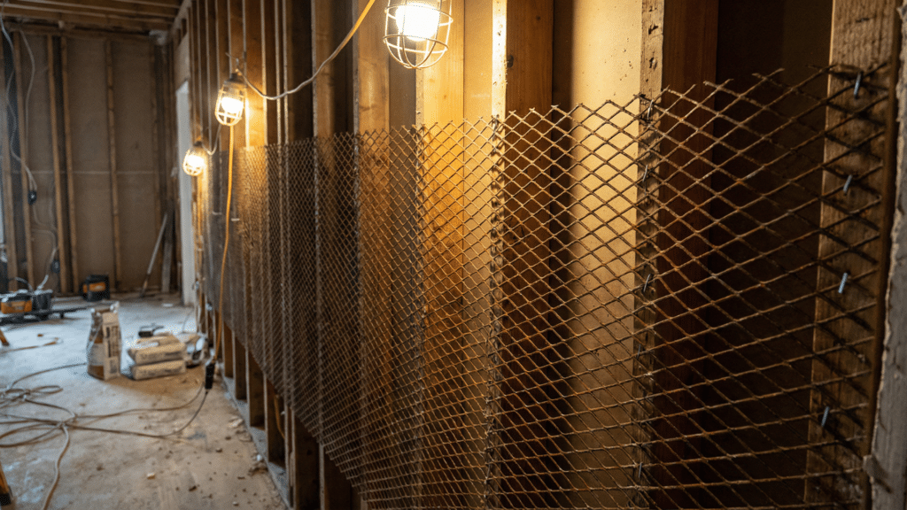 Metal lath mesh installed over framing for plaster support