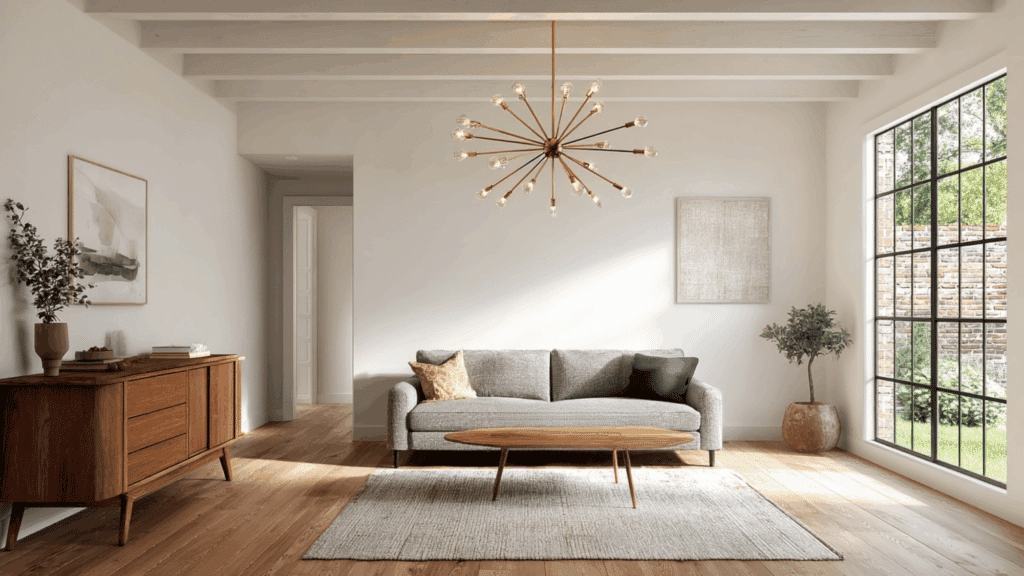 Mid century modern living room with brass Sputnik chandelier