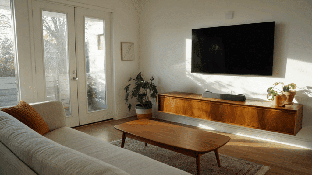 Mid century modern living room with floating media console