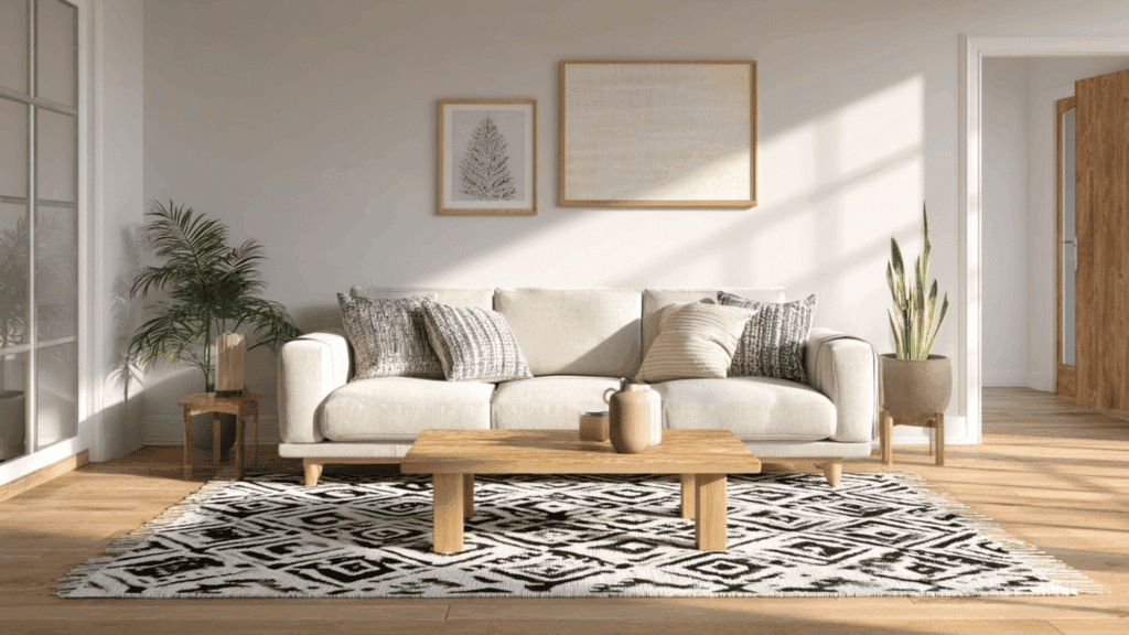 Mid century modern living room with geometric patterned rug