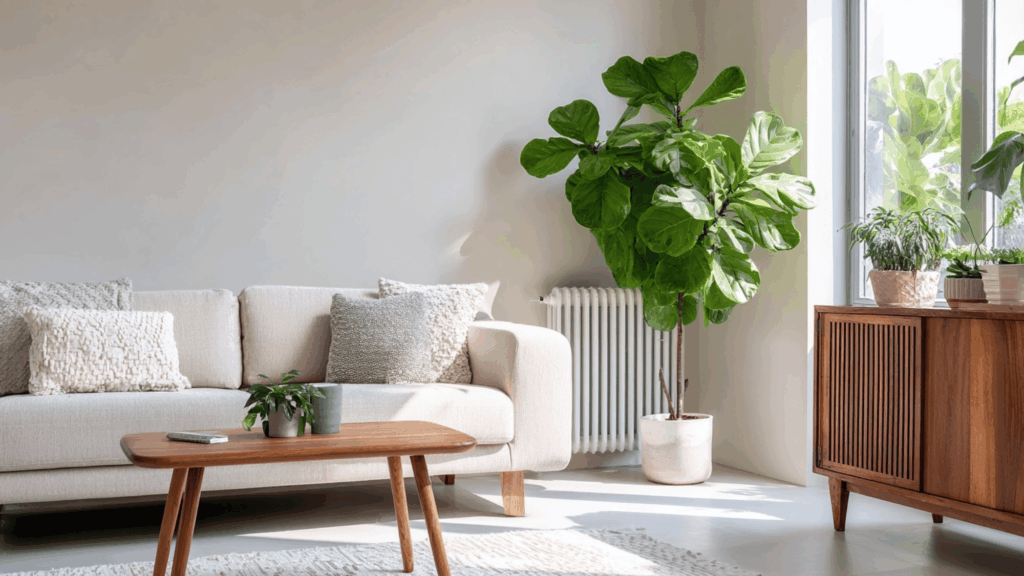 Mid century modern living room with indoor plant styling