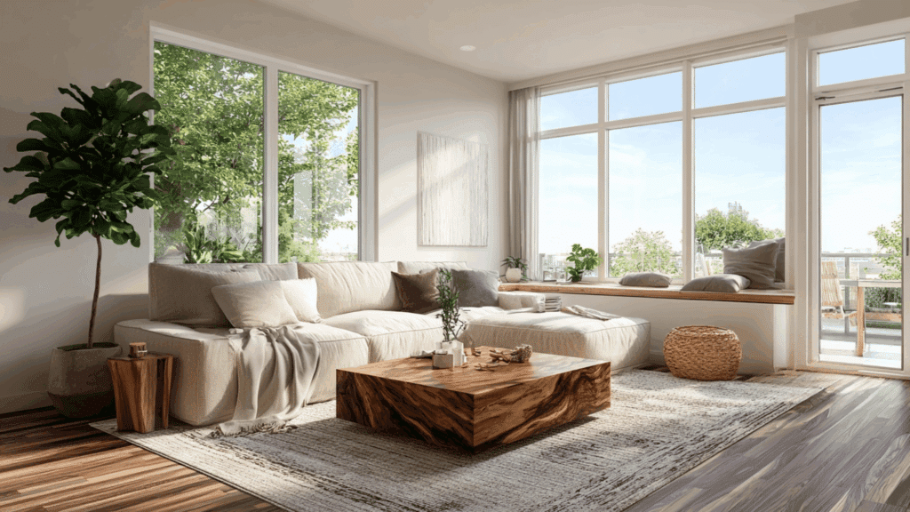 Mid century modern living room with large floor to ceiling windows