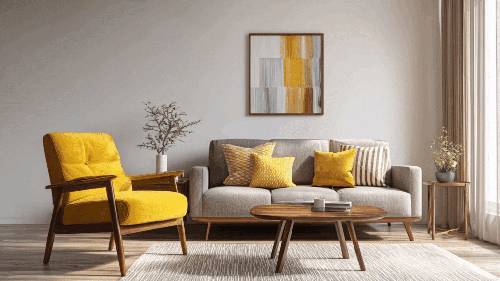 Mid century modern living room with mustard yellow accents