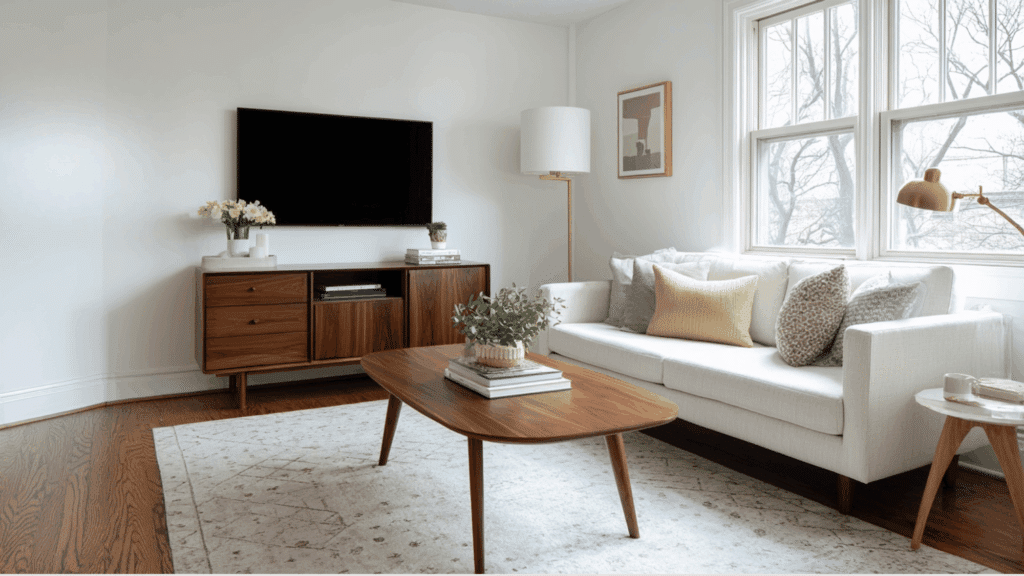 Mid century modern living room with walnut furniture