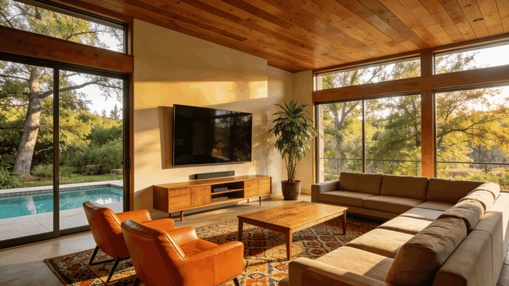 Mid century modern living room with wooden accents, large windows overlooking a backyard pool, and mid century modern furniture.
