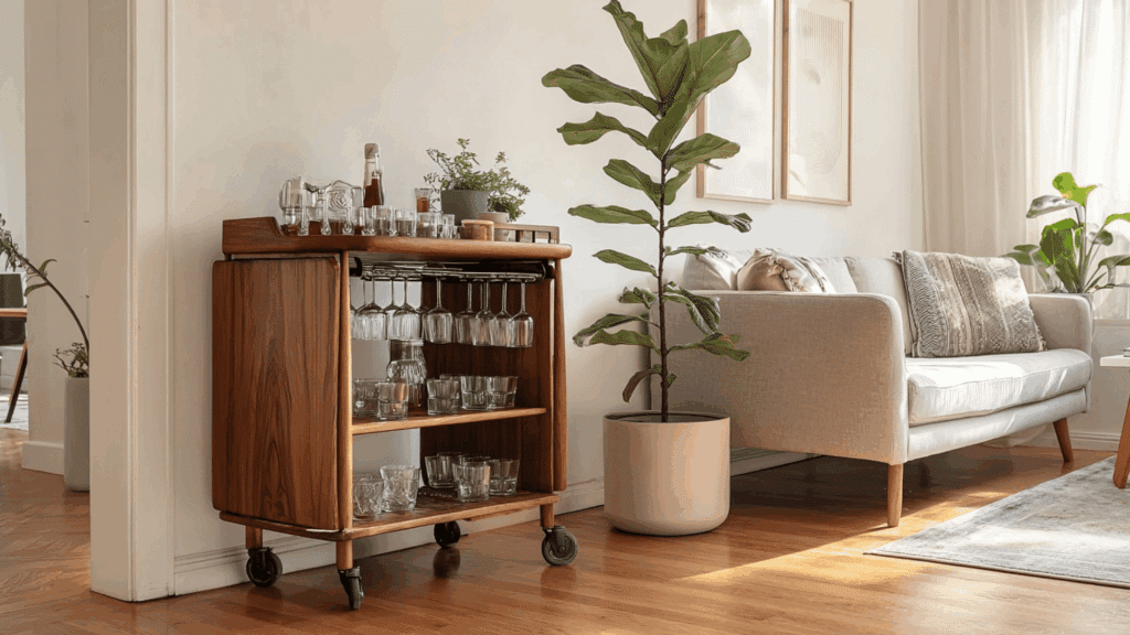 Mid century wooden bar cart with glassware in living room