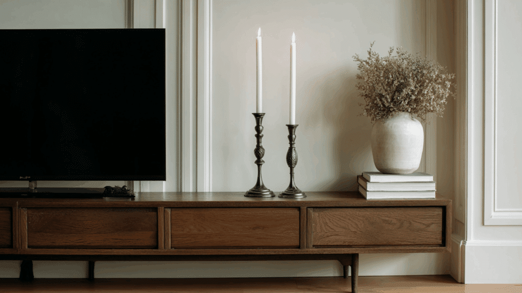 Minimal candlestick holders with white candles on a modern TV stand.