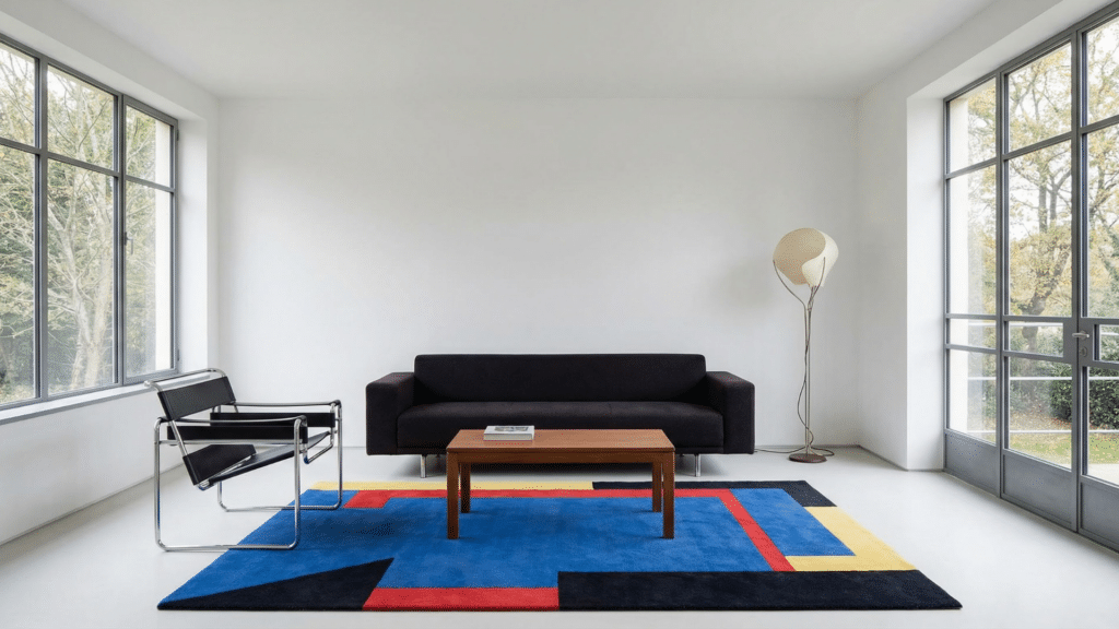 Minimal interior with smooth surfaces and no decorative details inspired by Bauhaus design