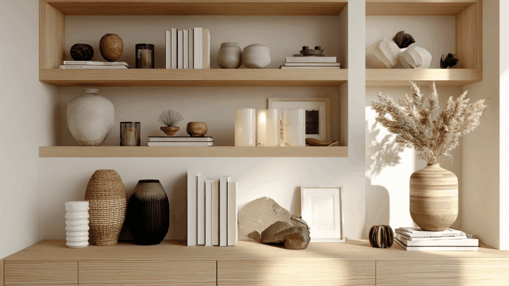 Minimal open shelving with artisan decor in a calm organic modern living room