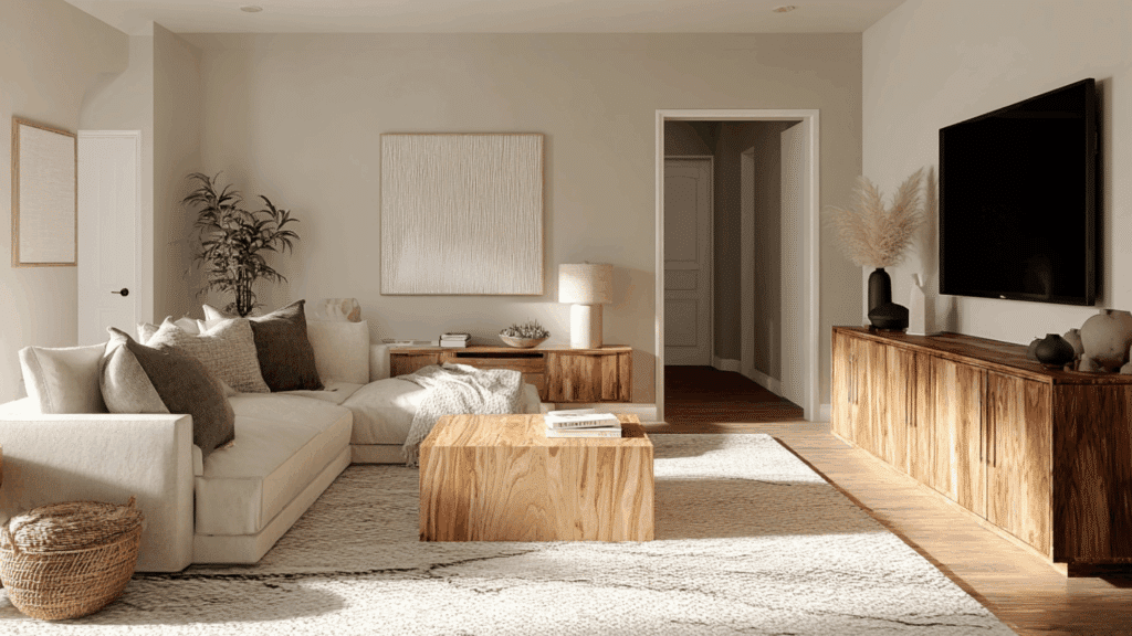 Minimal wooden media console in a clean organic modern living room setting