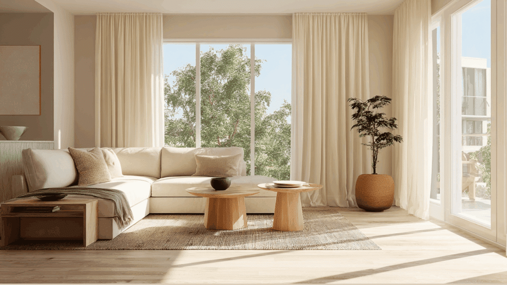 Minimal wooden media console in a clean organic modern living room setting