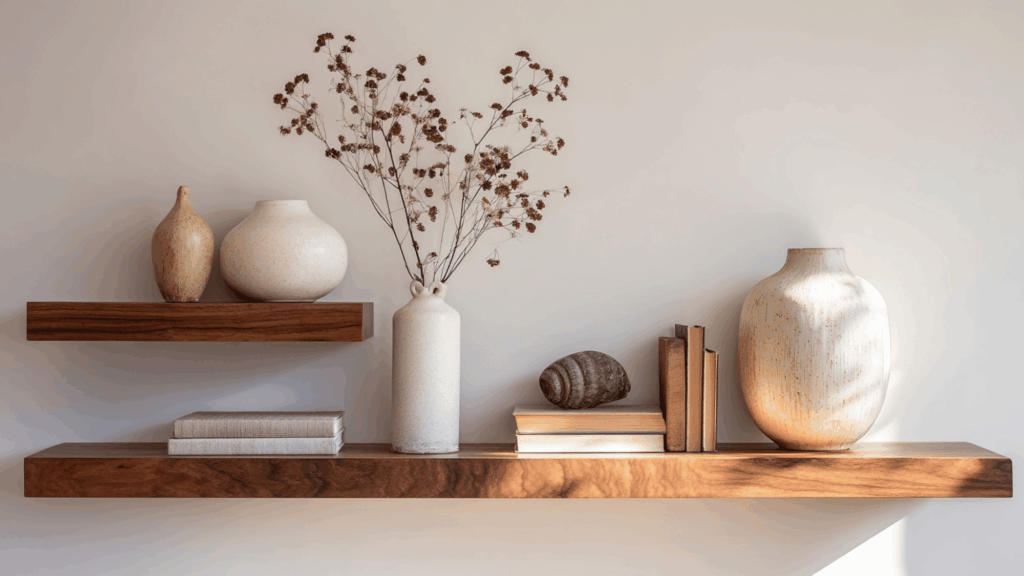 Minimal wooden shelves with vintage decor in mid century interior