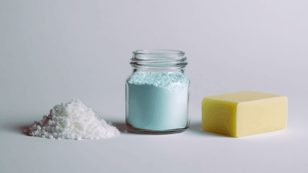 Minimalist homemade laundry detergent with three simple ingredients in bowls.